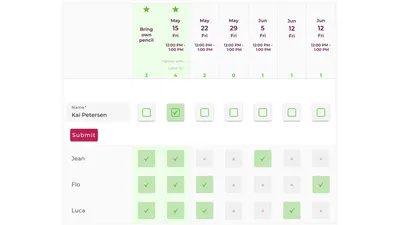 A Whocan doodle poll in table layout — rows of candidate dates, columns of voters